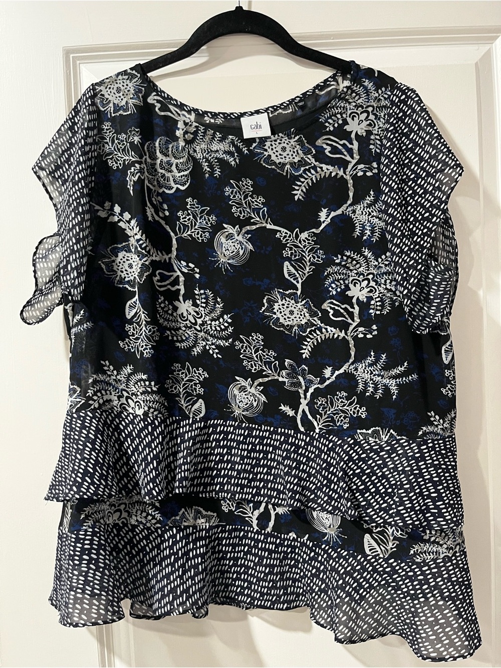 CAbi Navy Black and White Floral Layered Flutter Blouse